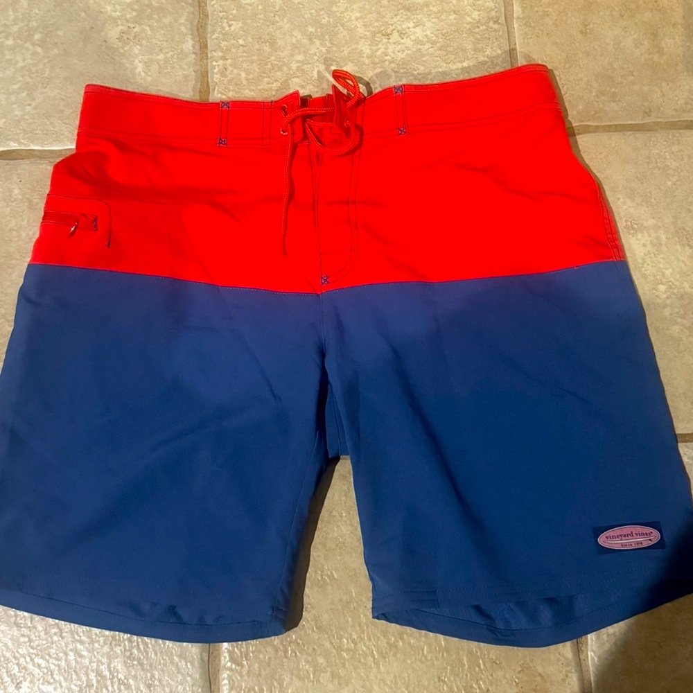 Vineyard Vines on the go color block two toned board shorts. Red/blue 34 waist
